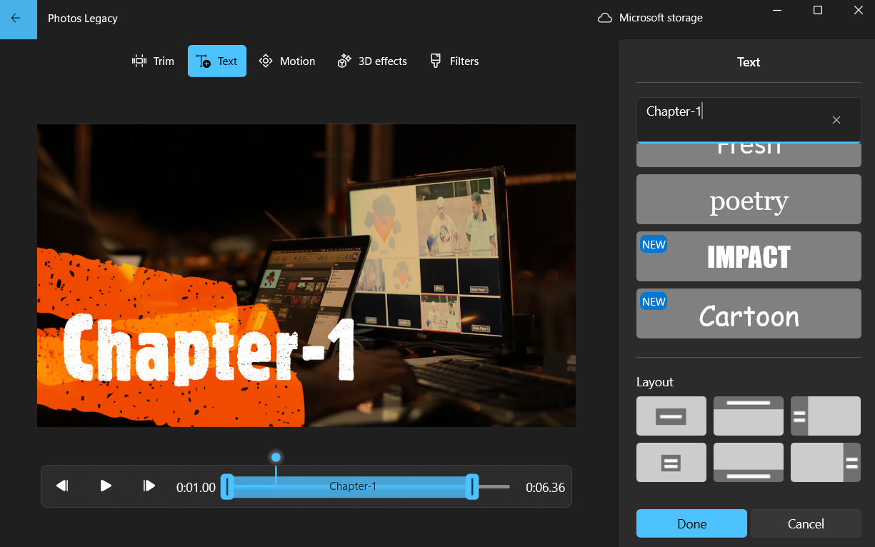 Add text menu in Windows Photos Legacy app video editor
