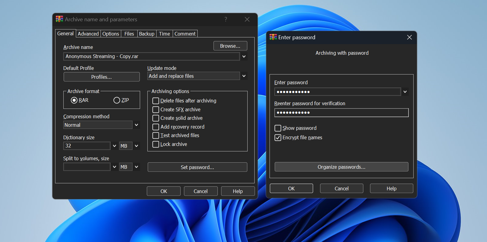 Add file password with WinRAR