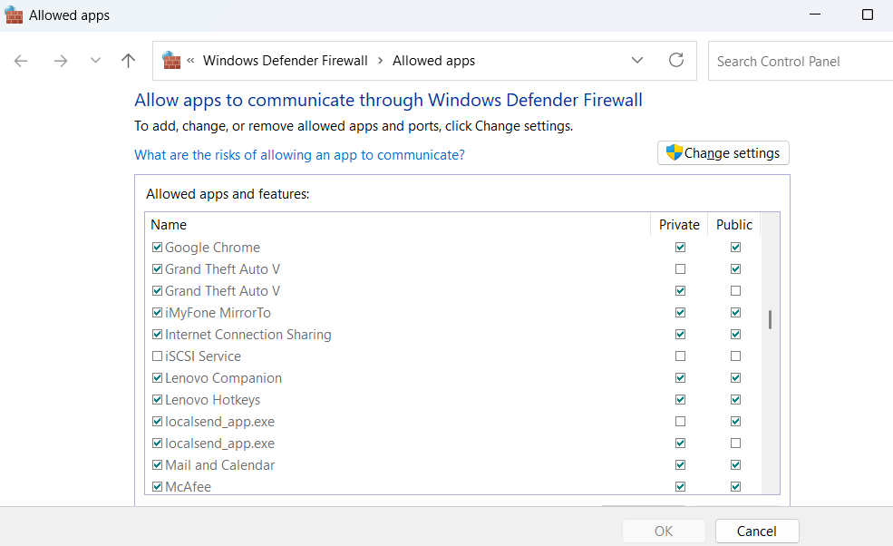 Allowed apps through Windows Firewall