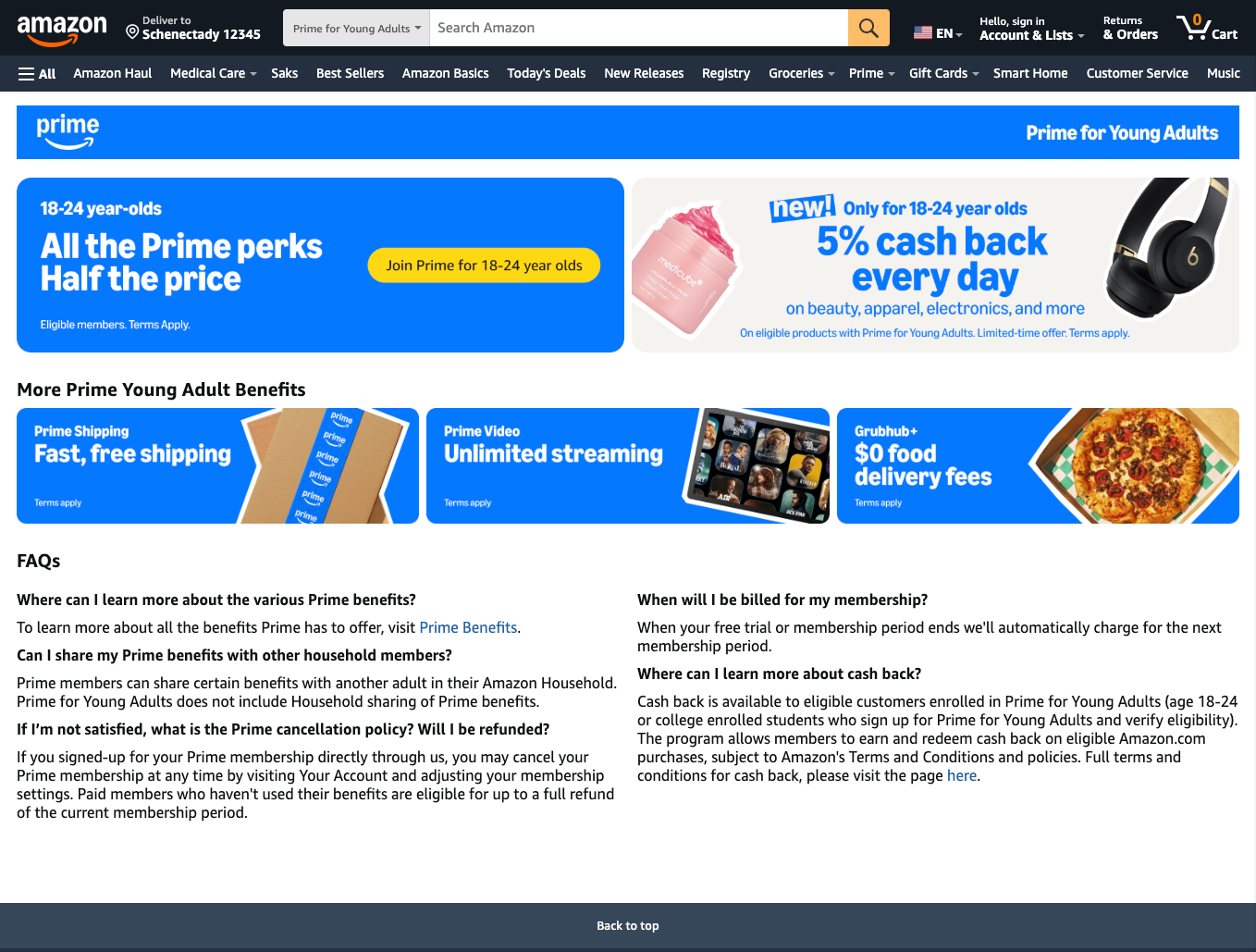Amazon Prime for Young Adults benefits