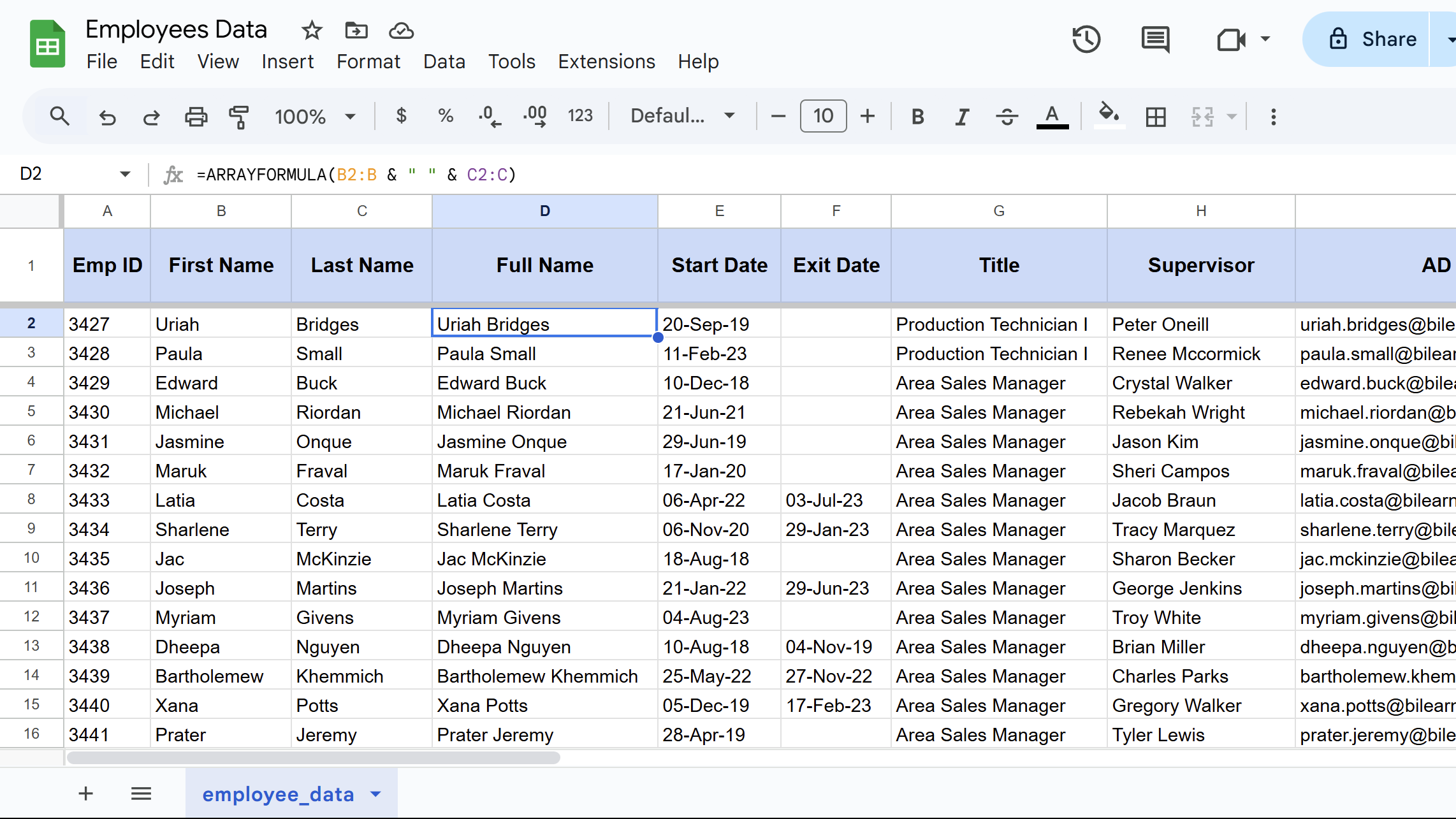 ARRAYFORMULA function result in Google Sheets.