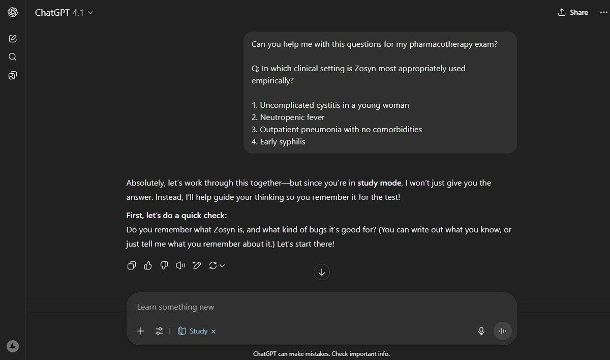 Asking ChatGPT's study mode a pharma question