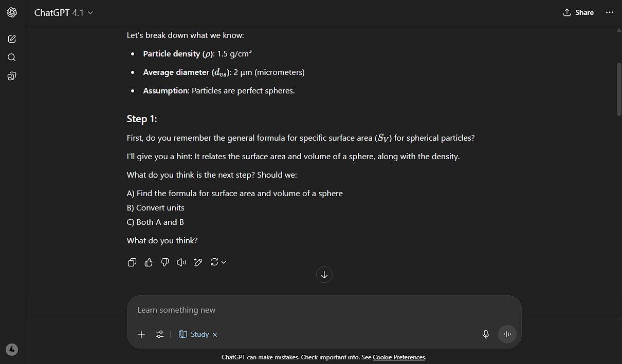 Asking ChatGPT's study mode to solve a problem