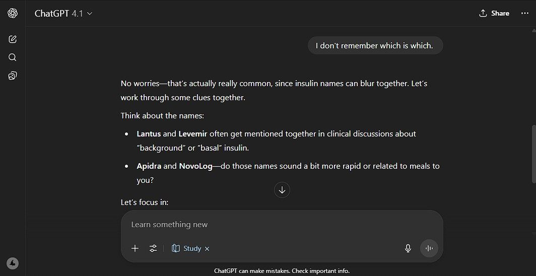 Asking ChatGPT study mode about insulin names