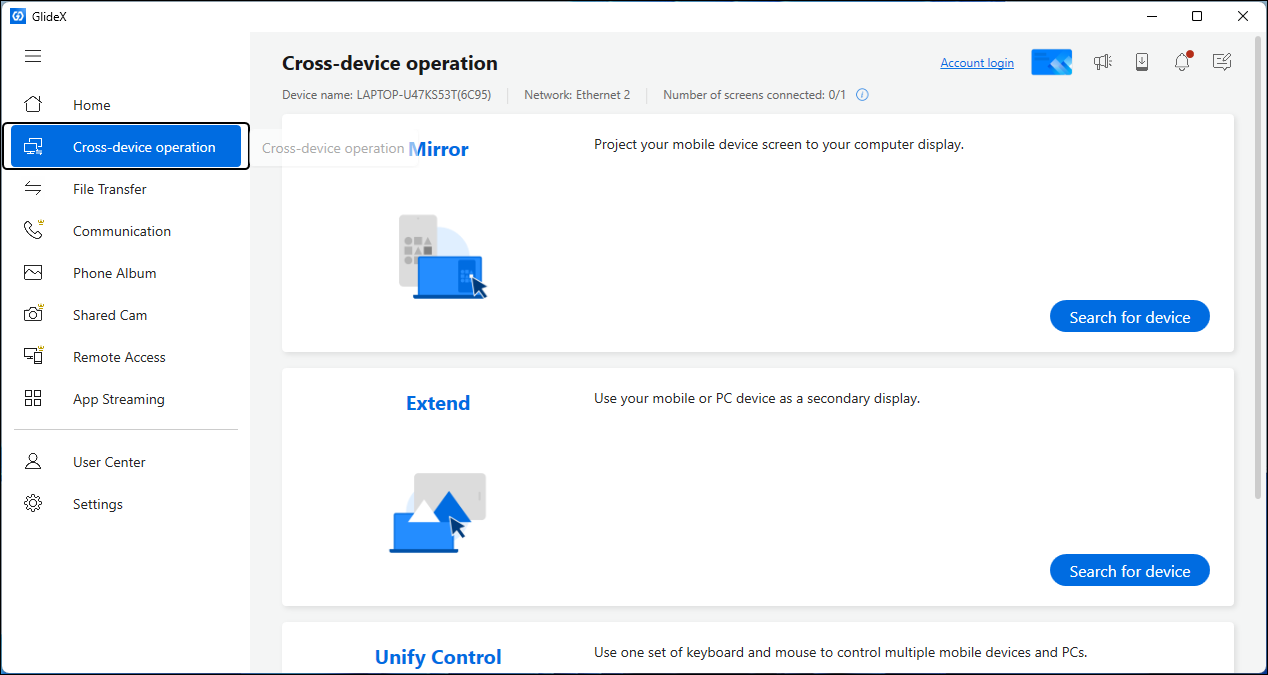 Asus GlideX cross-device operation interface on Windows 11