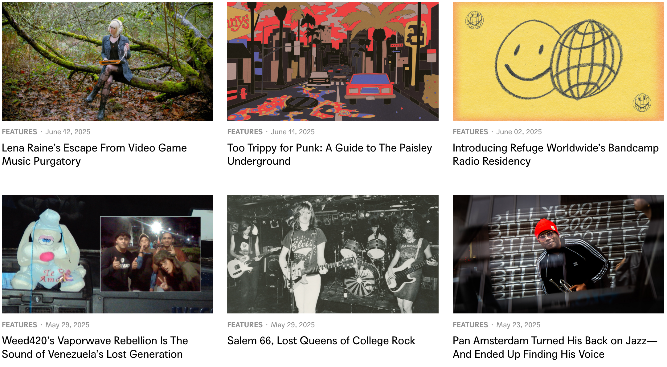 Bandcamp's Features section displaying the latest content.
