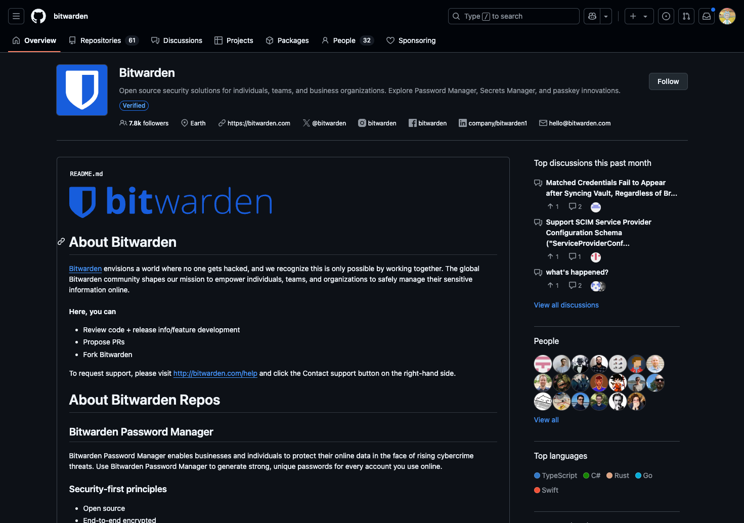 Bitwarden organization page on GitHub