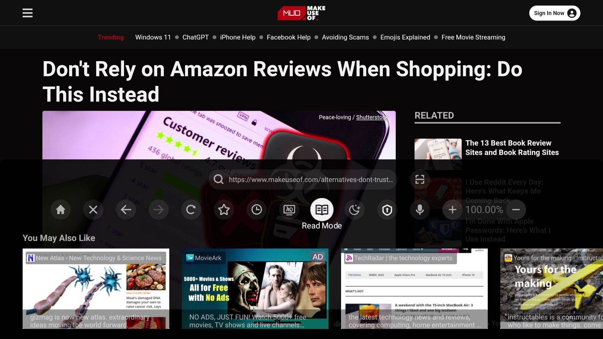 Browser on TV showing reader mode option