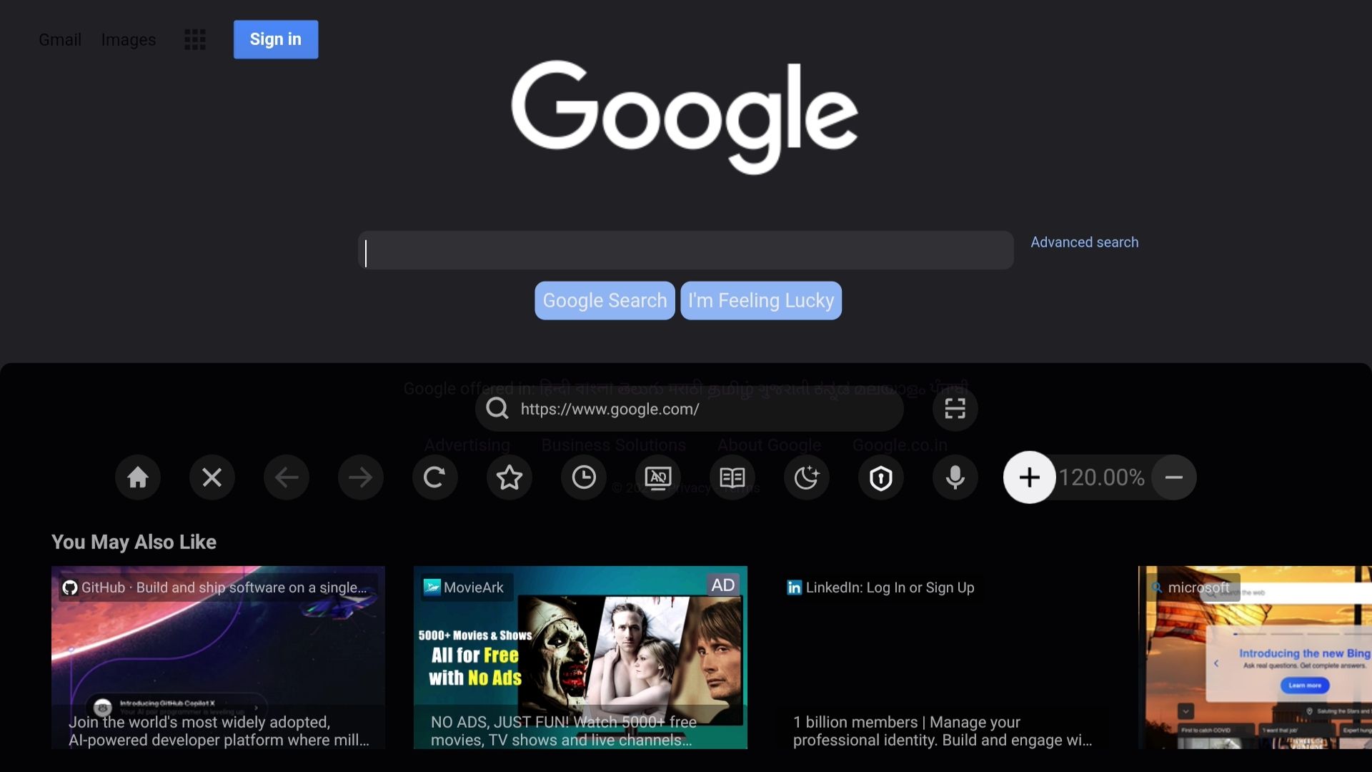 Browser on TV showing zoom level