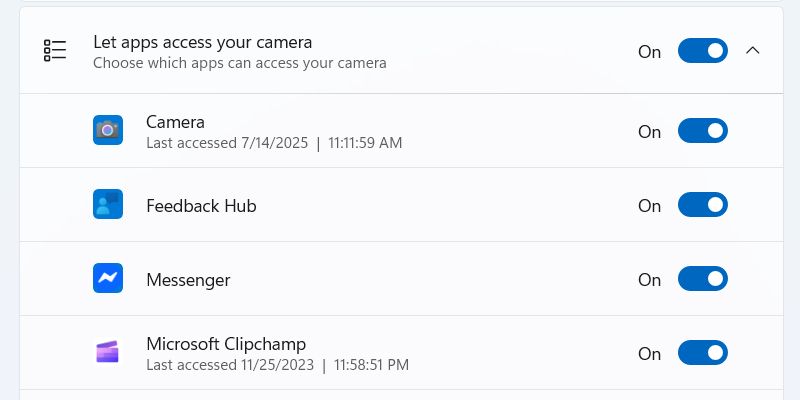 Camera app permissions on Windows.