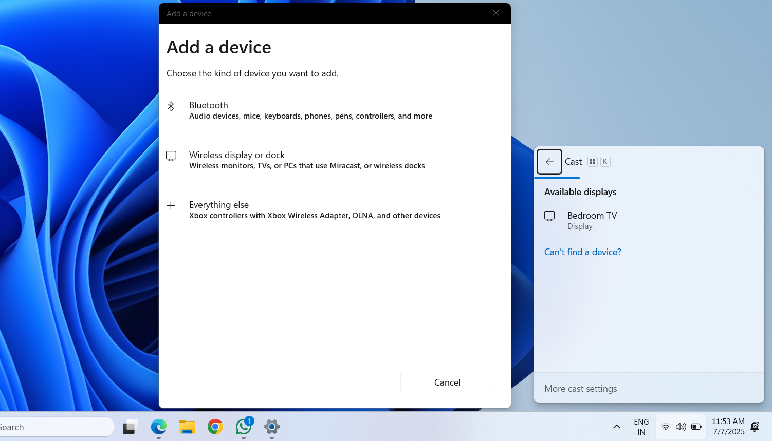 Cast menu on Windows 11 desktop