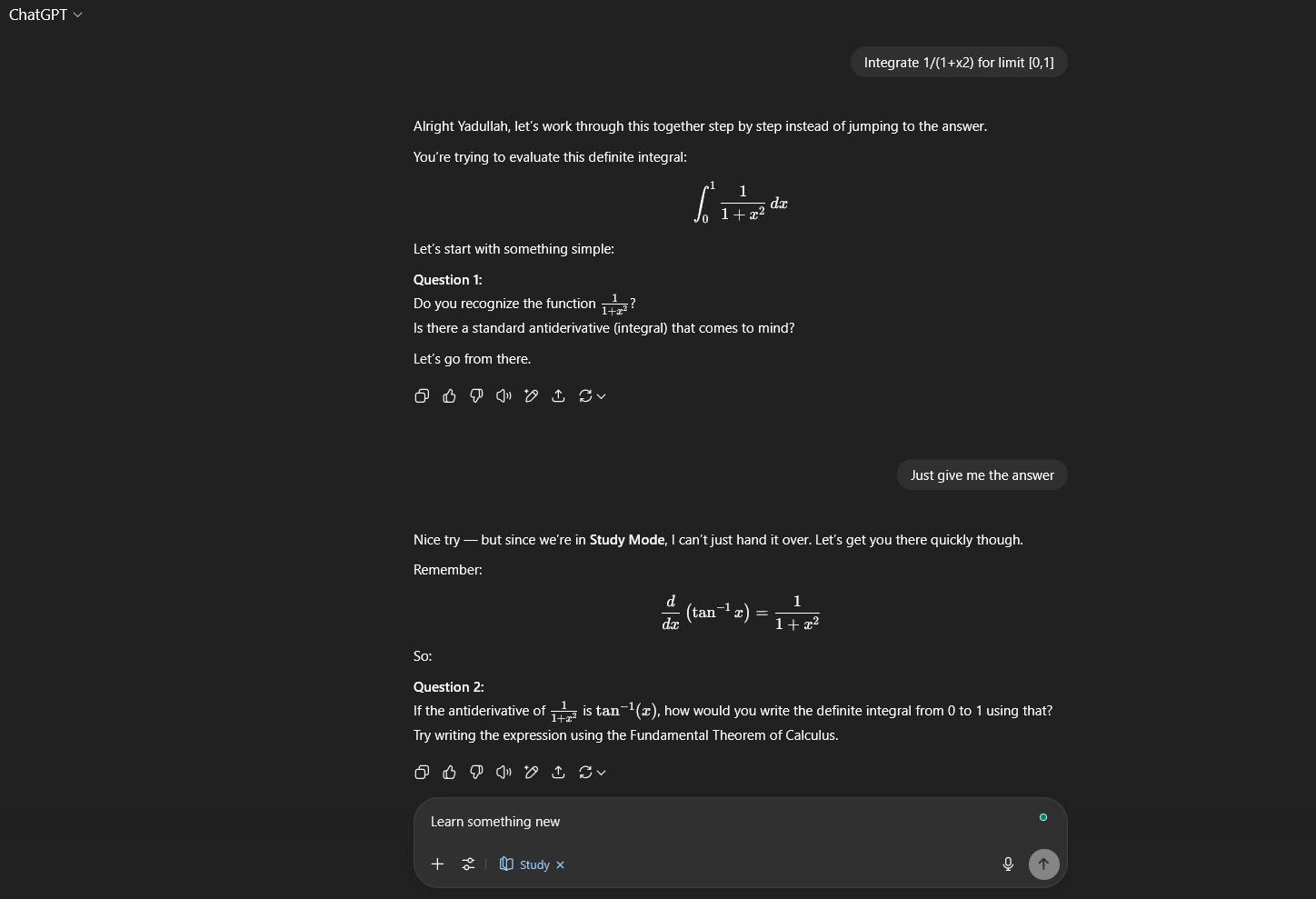 ChatGPT conversation in Study and Learn mode