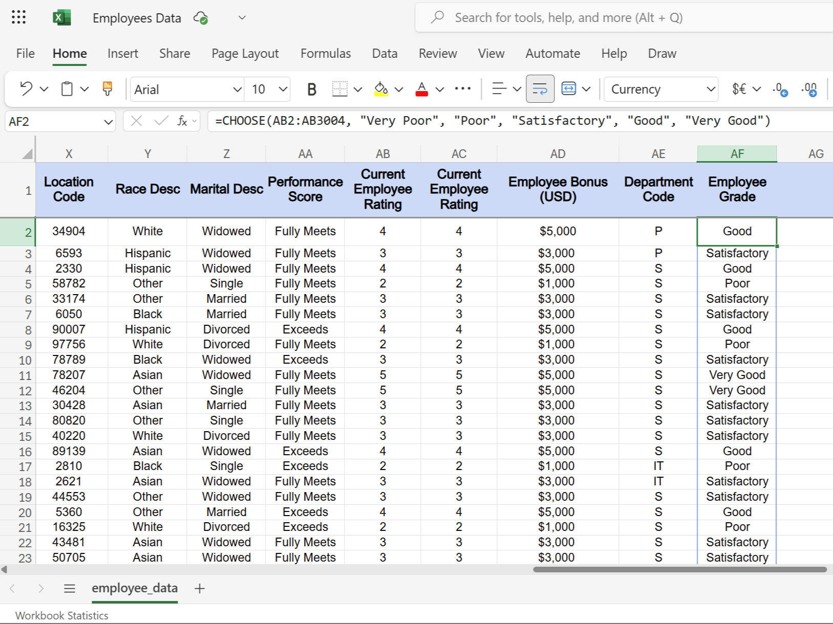 CHOOSE function in Excel showing employee grades