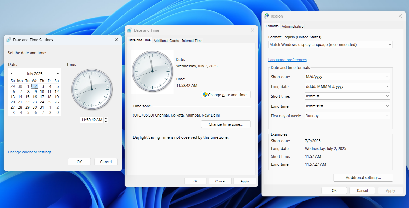 Classic date and time settings on Windows