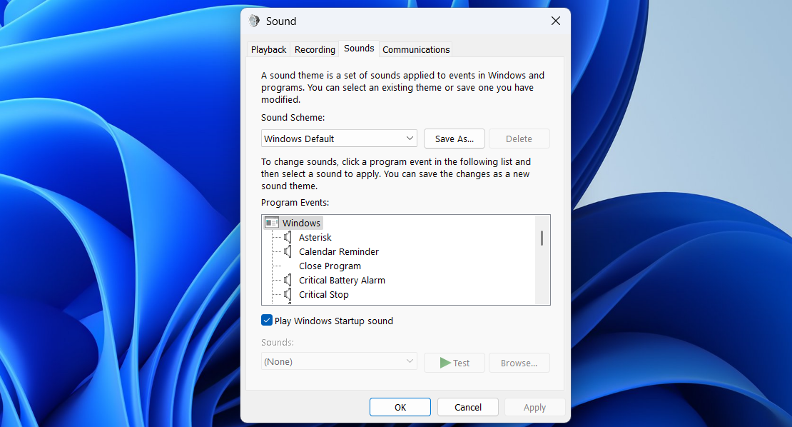 Classic sound settings panel in Windows 11
