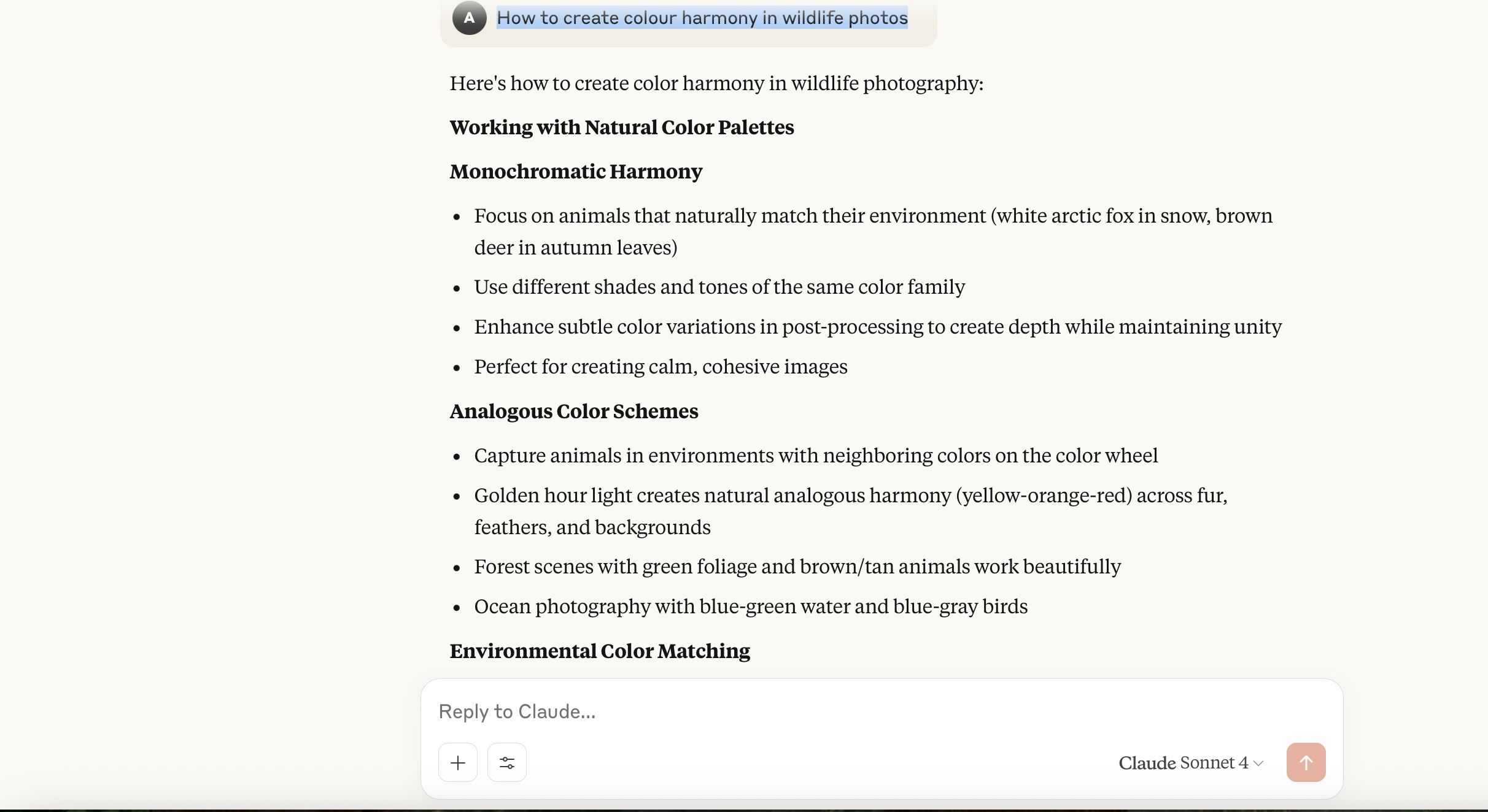 Claude explaining Color Theory for wildlife photos