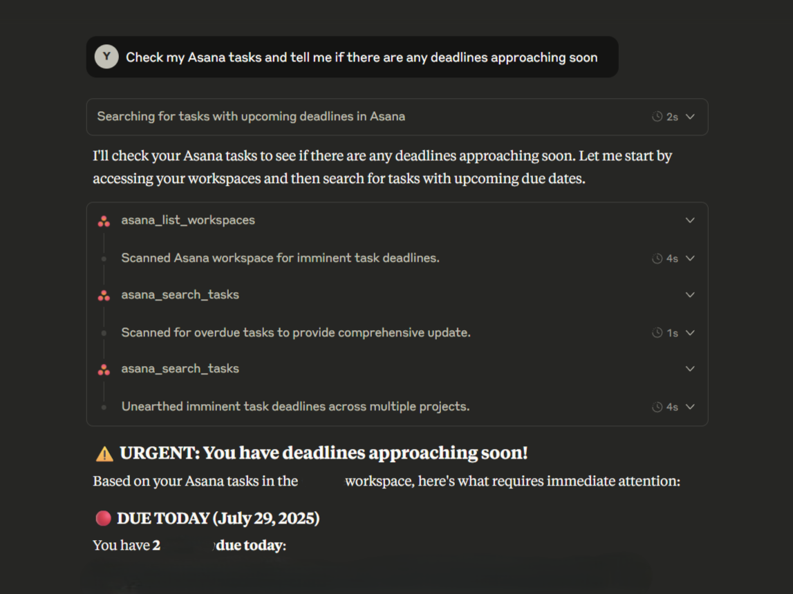 Claude prompt showing Asana search thinking process and urgent tasks due today.