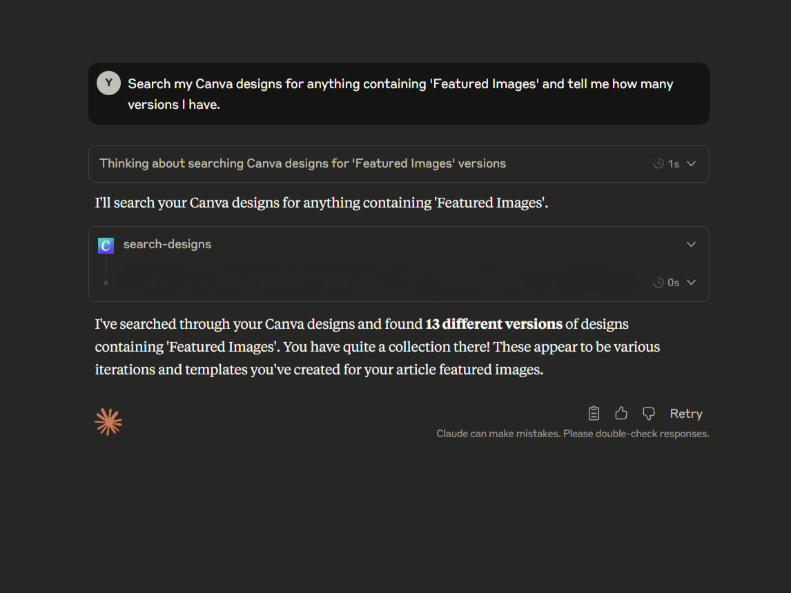 Claude prompt showing incomplete Cnava search thinking process and info about featured images.