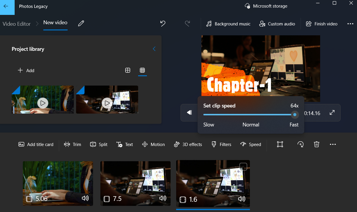Clip speed slider in Windows Photos Legacy app video editor