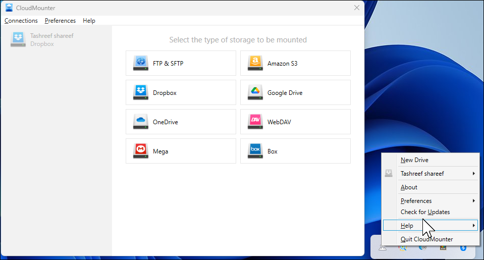 CloudMounter home screen dialog on Windows 11 desktop
