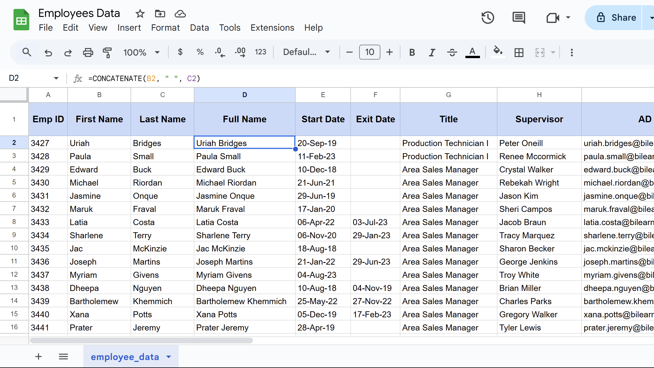 CONCATENATE function result in Google Sheets.