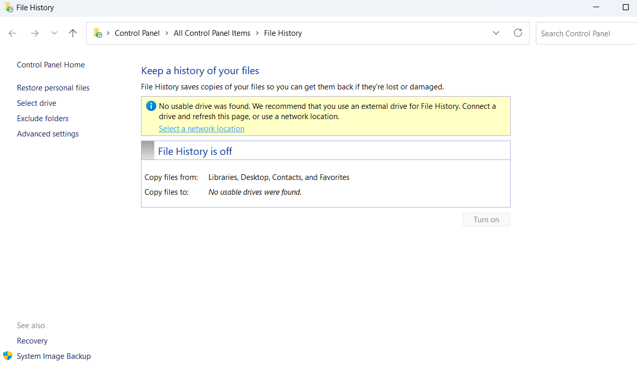 Control Panel showing File History menu in Windows