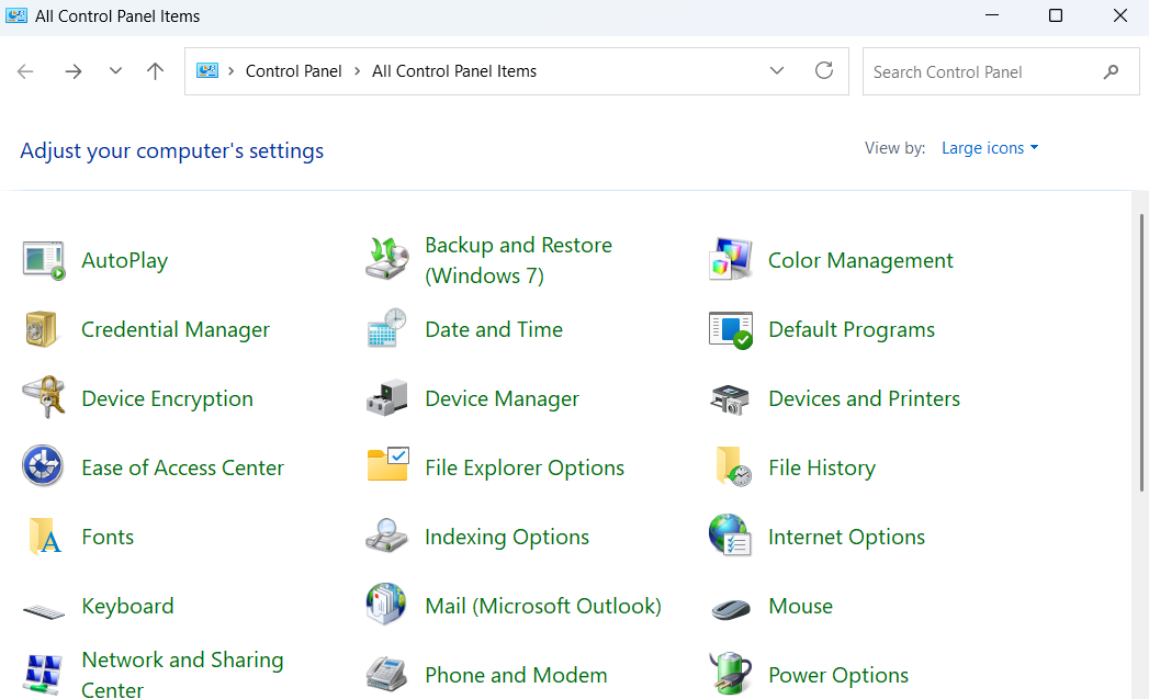 Control Panel window showing all items in Windows 11