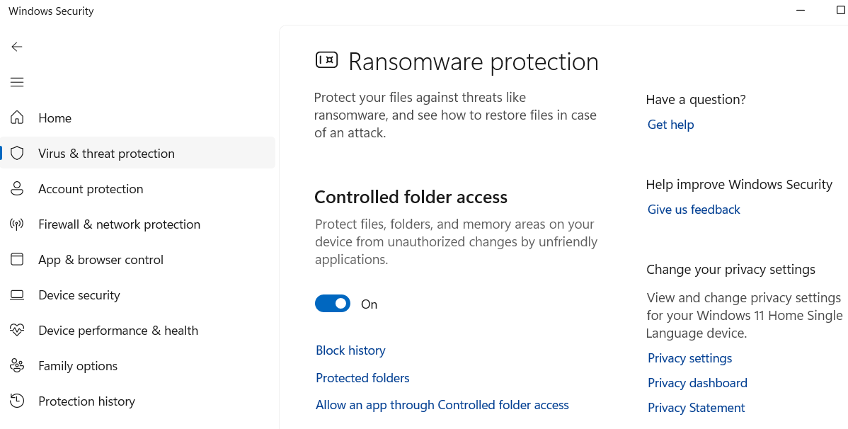Controlled folder access feature in Windows Security