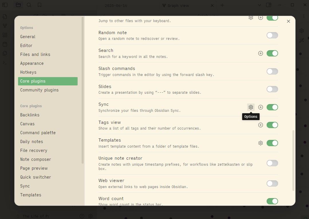Core plugins in Obsidian highlighting Obsidian Sync