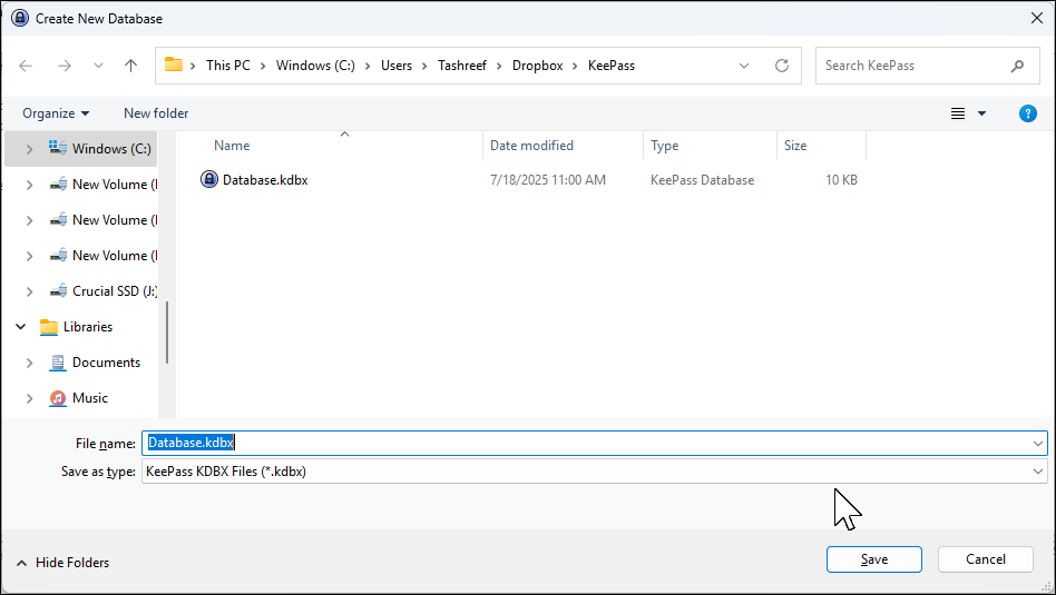 create new database dialog keepass and dropbox