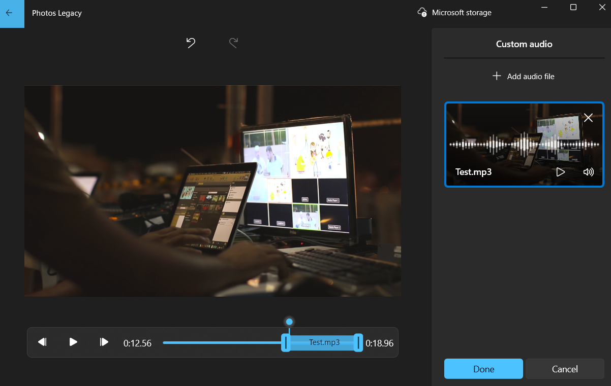 Custom audio menu in Windows Photos Legacy app video editor