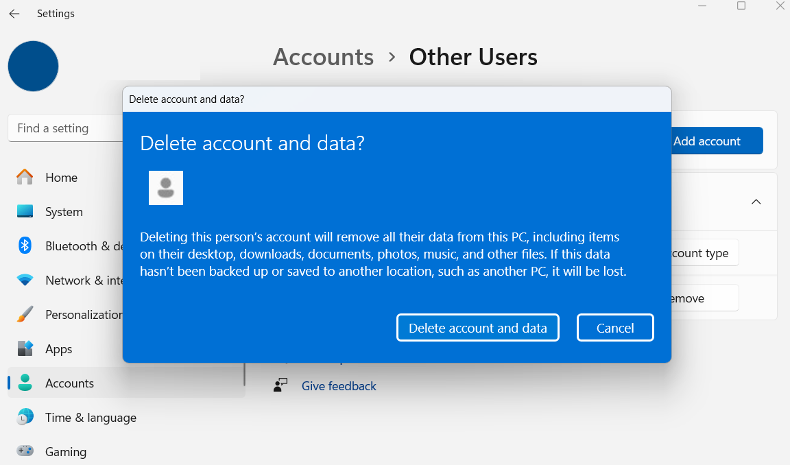 Delete user account prompt in Windows 11