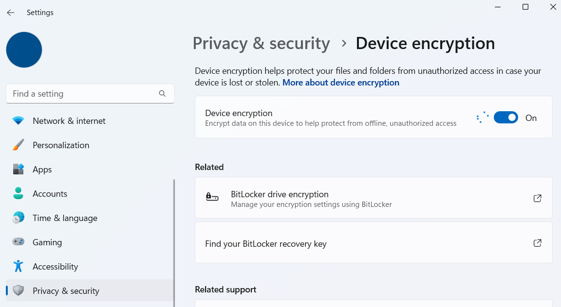 Device encryption option in Windows 11