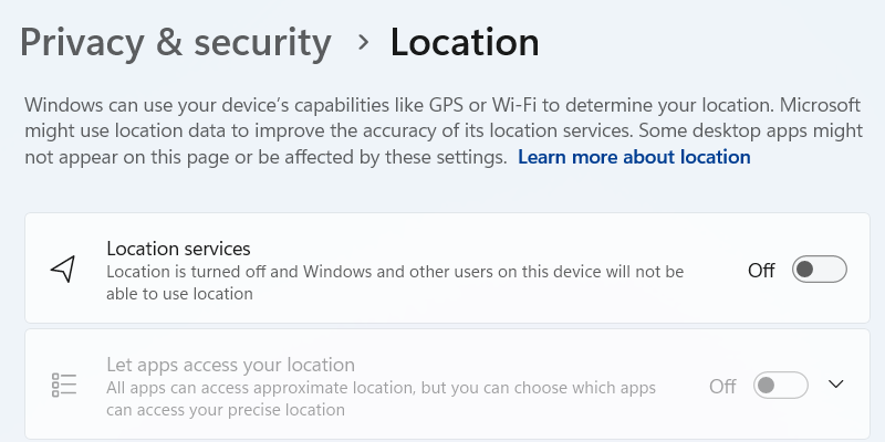 Disabling location services on Windows.