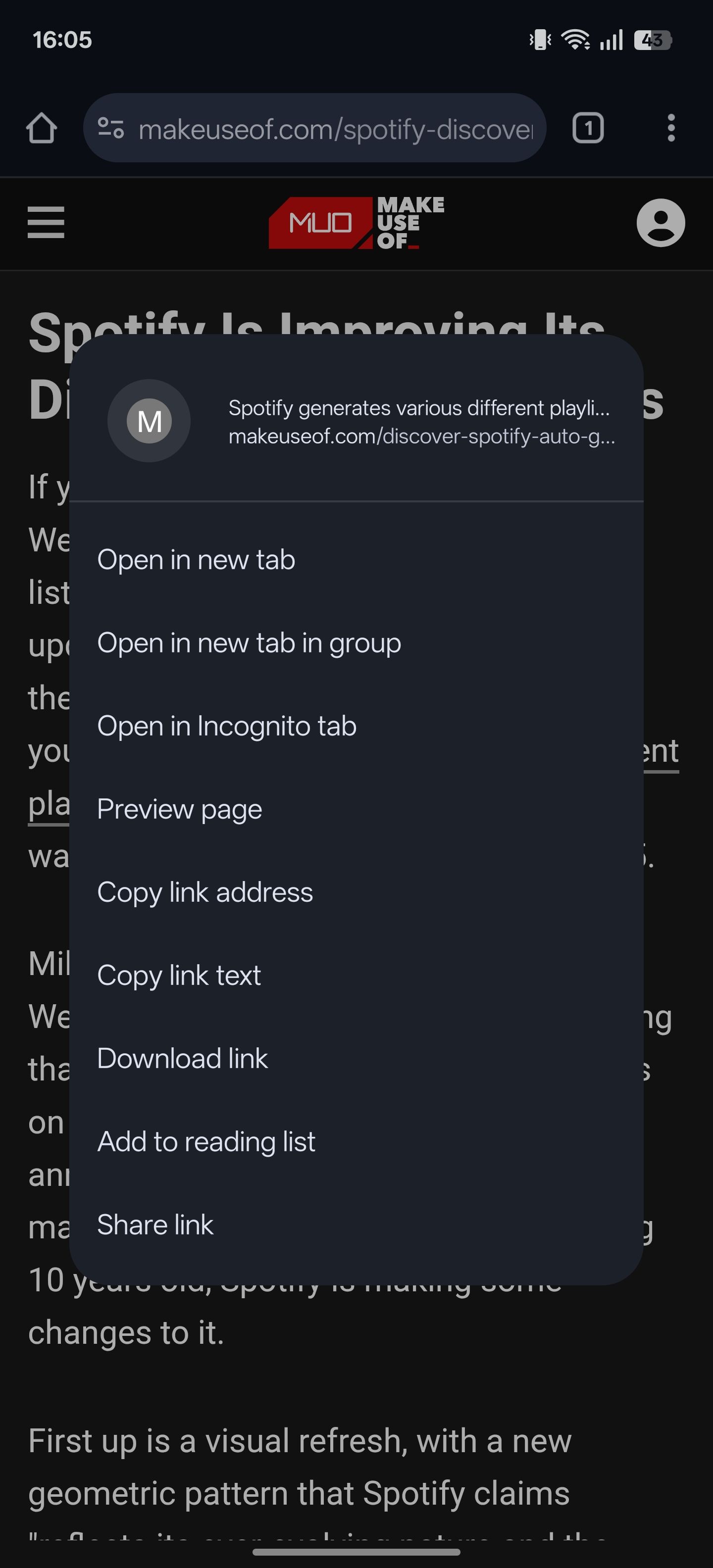 منوی زمینه در انتخاب یک کلمه در صفحه وب در Chrome برای Android.
