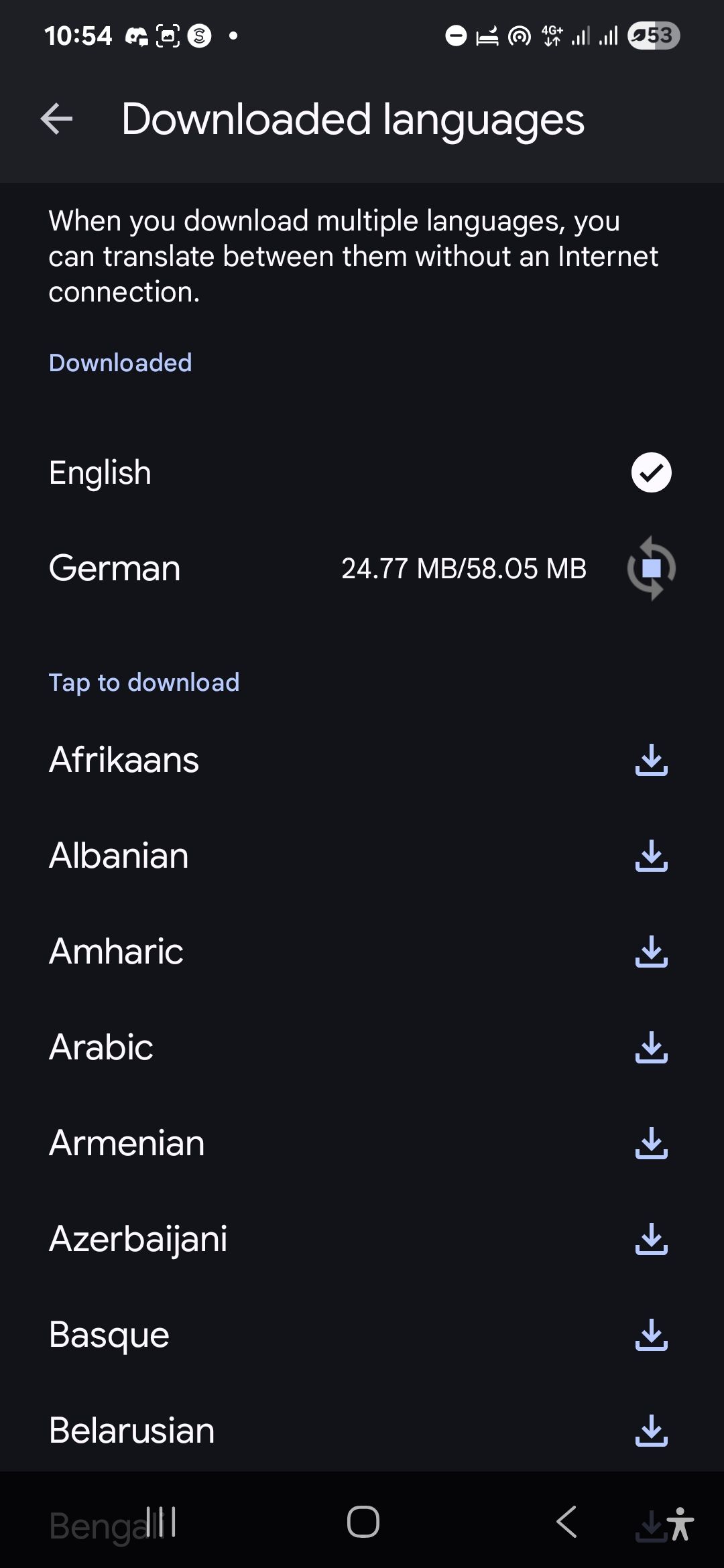 Downloaded languages page for Google Translate