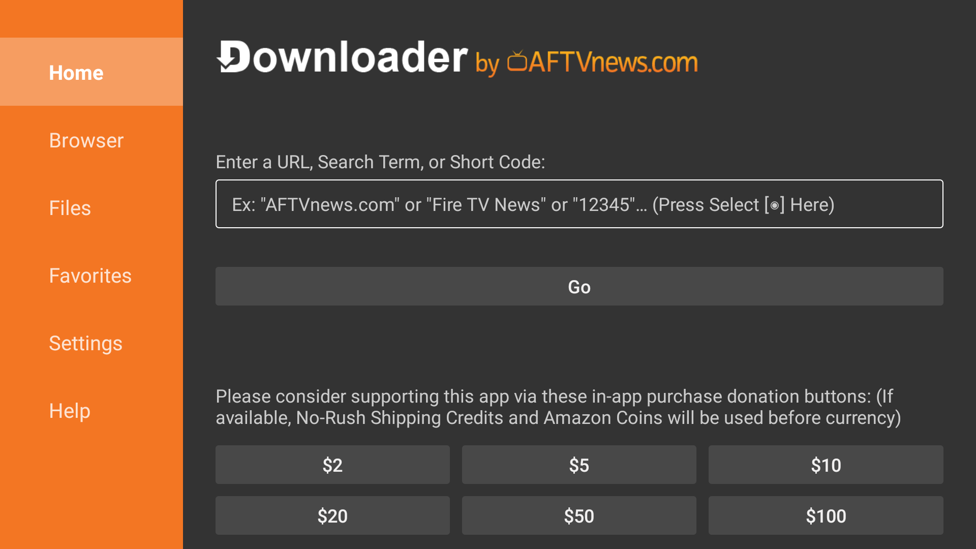 Downloader app home tab on TV