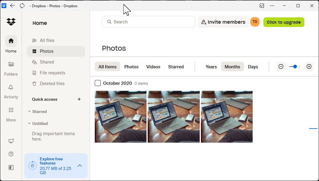 Dropbox interface for the Photos tab