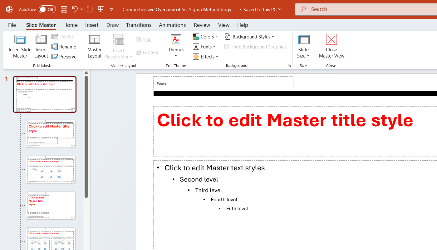 Editing a master slide in Excel.