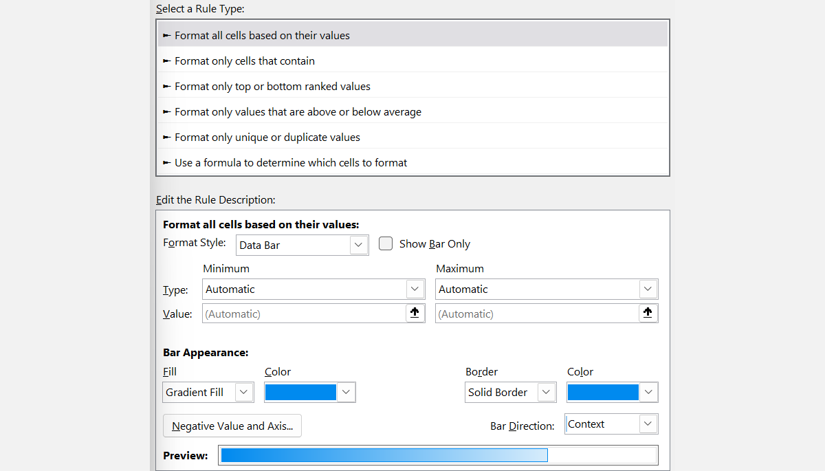 Editing Formatting Rules for Data Bars in Microsoft Excel