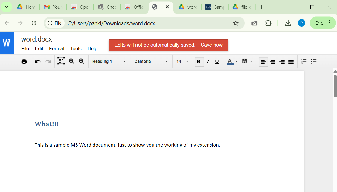 Editing word document in Google Chrome web browser