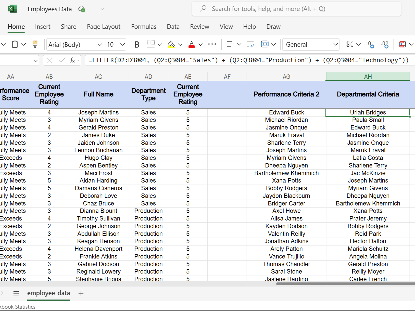Excel spreadsheet featuring departmental criteria for active employees using the FILTER function