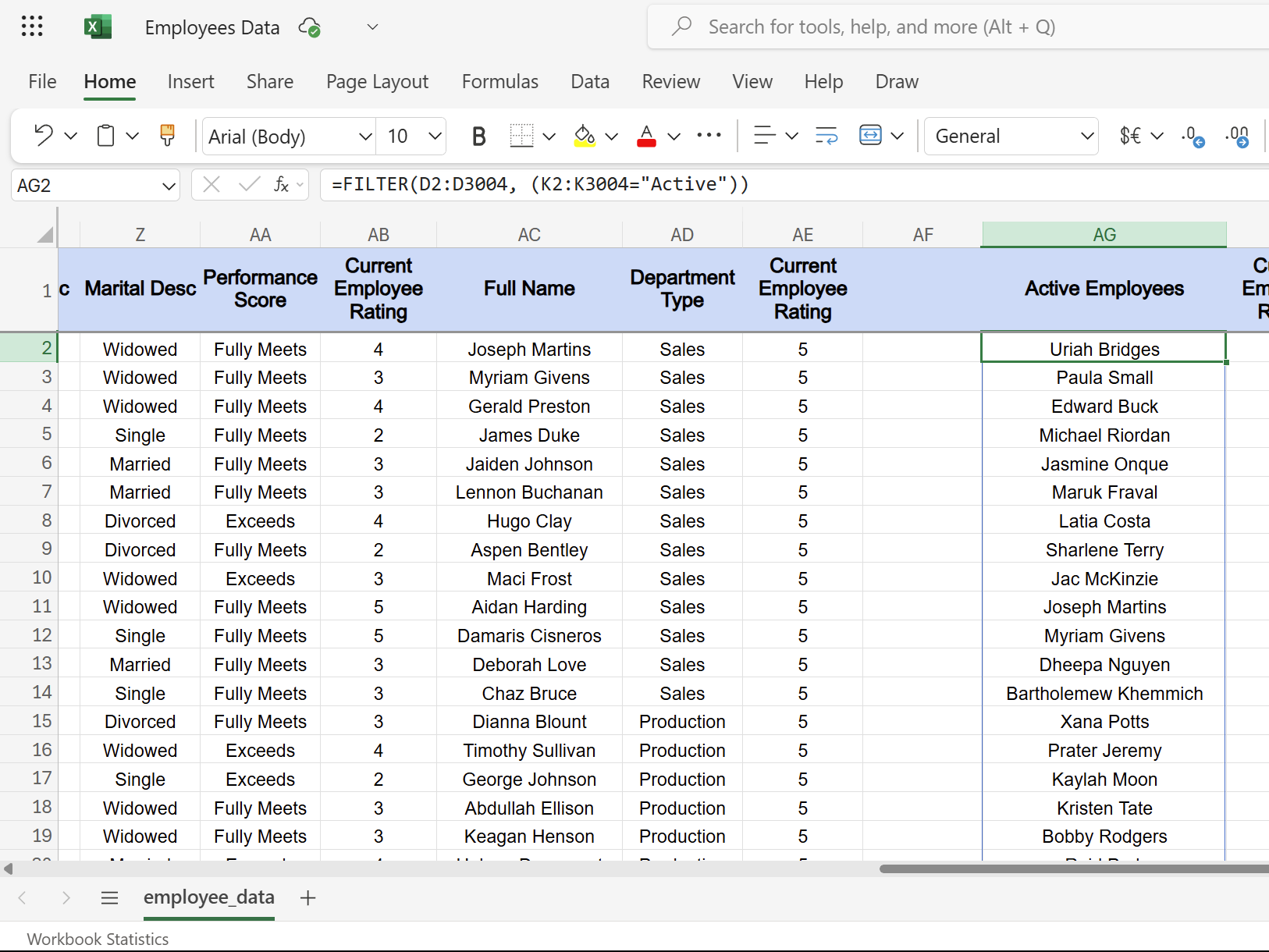 Excel spreadsheet featuring list of active employees using the FILTER function