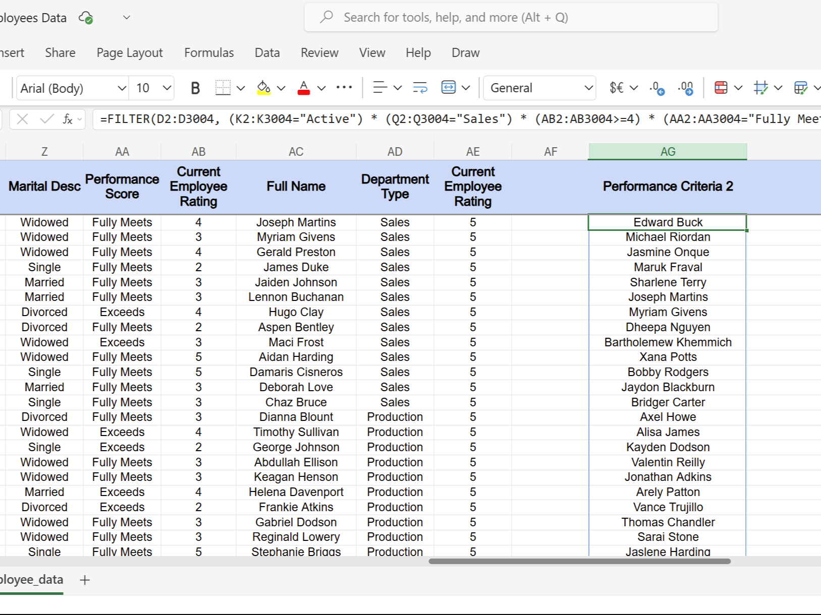 Excel spreadsheet featuring performance criteria for active employees using the FILTER function