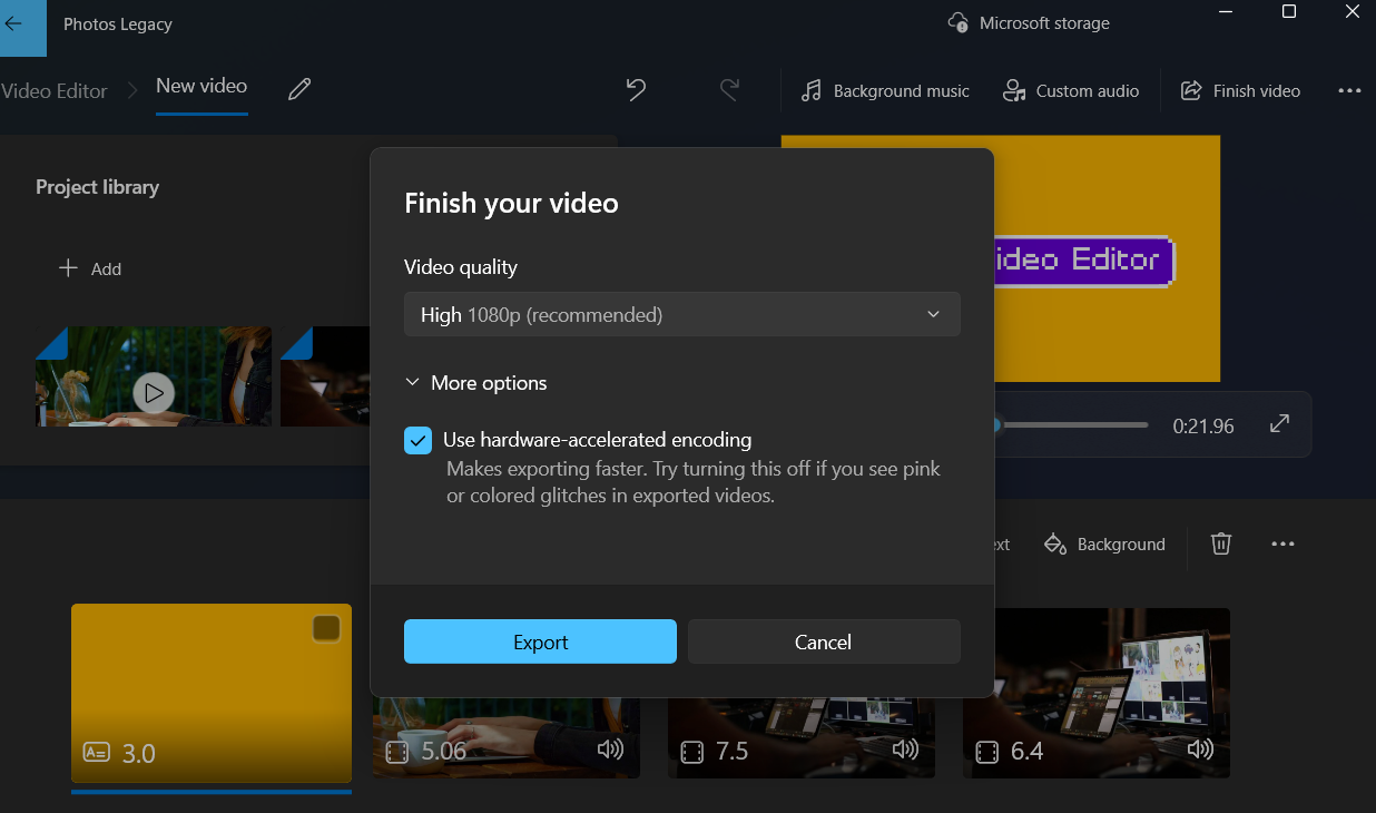 Exporting Video in Windows Photos Legacy app video editor