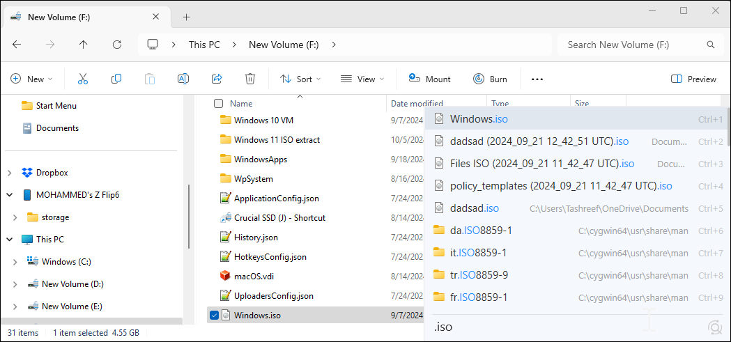 File explorer Listray search popup