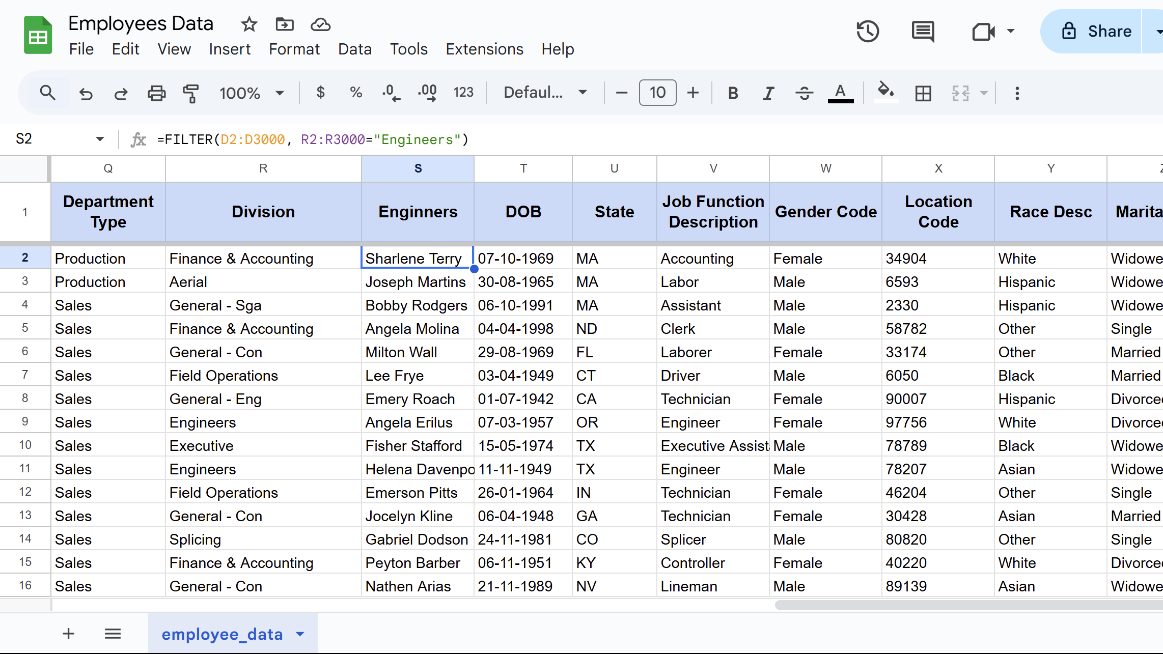 FILTER function result in Google Sheets.
