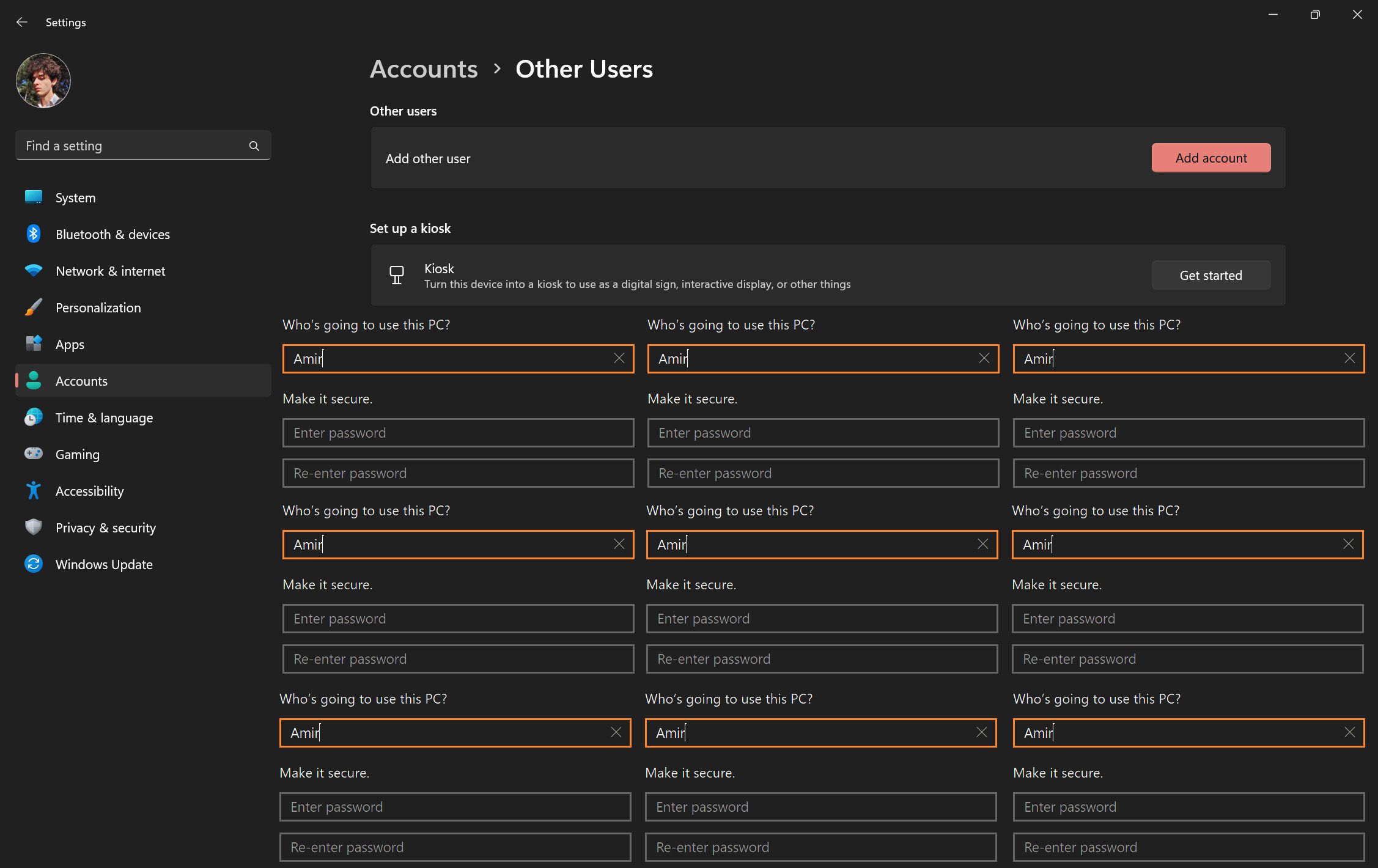 Fitting nine login screens inside the Windows 11 settings page