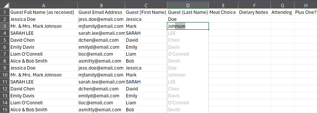 Flash Fill predicting the next names in the Guest (Last Name) column in a Sheet in Microsoft Excel