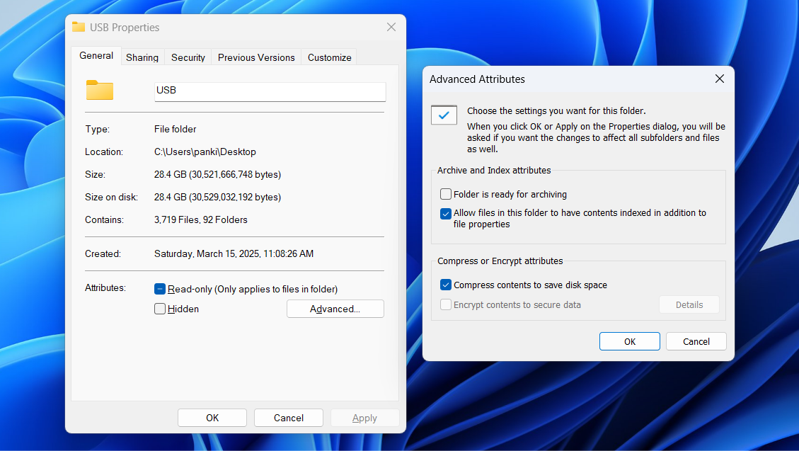 Folder properties dialog showing compress option in Windows 11